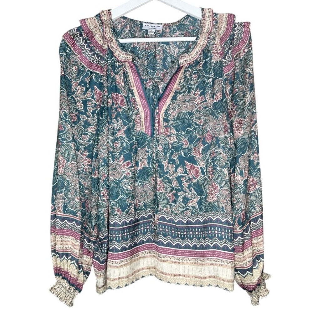 Current Air Anthropologie Ruffle Trim Teal Floral Paisley Peasant Blouse Small